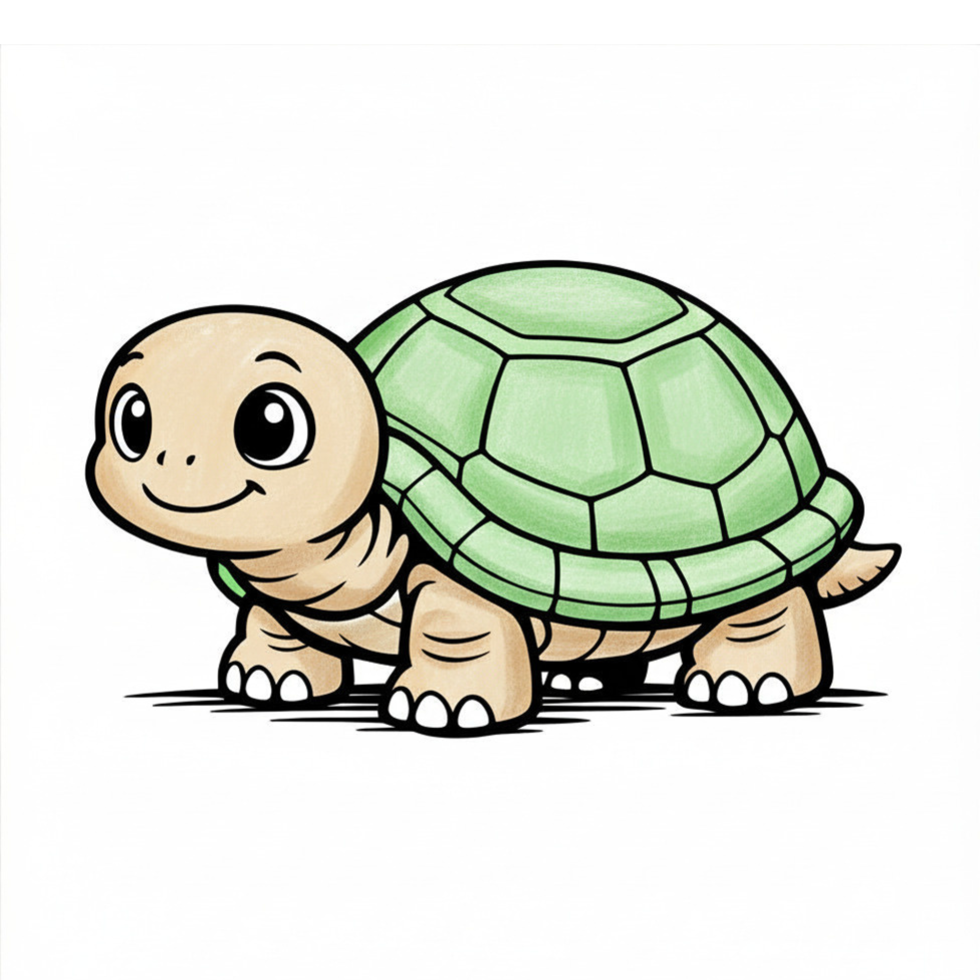 Turtle coloring page from Big Friendly Animals colored in by a child